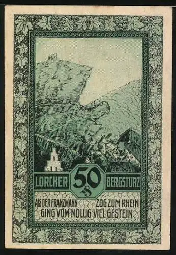 Notgeld Lorch im Rheingau 1921, 50 Pfennig, Ortsansicht, Bergsturz