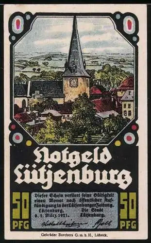 Notgeld Lütjenburg 1921, 50 Pfennig, Kirche, Rathaus, Fachwerkhaus