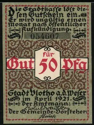 Notgeld Vlotho a. d. Weser 1921, 50 Pfennig, Stadttype mit Zigarre