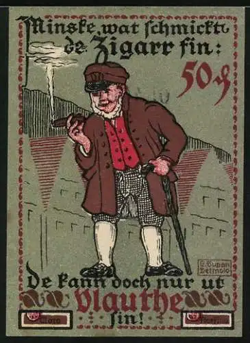 Notgeld Vlotho a. d. Weser 1921, 50 Pfennig, Stadttype mit Zigarre