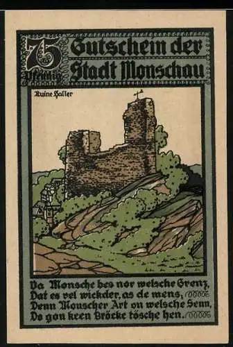 Notgeld Monschau 1921, 75 Pfennig, Ruine Haller