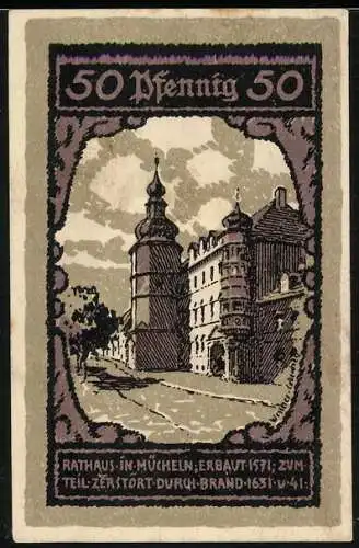 Notgeld Mücheln 1921, 50 Pfennig, Rathaus