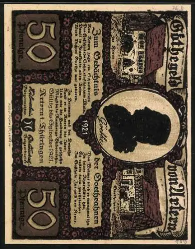 Notgeld Artern 1921, 50 Pfennig, Goethegeld, Gasthaus zur Krone, Goethehaus