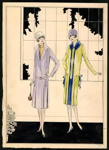 Aquarellmalerei Mode, zwei Damen präsentieren die aktuelle Mode, Kleid und Mantel, 24 x 33cm