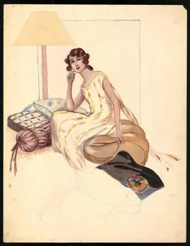Aquarellmalerei Mode, junge rothaarige Frau im hellen Kleid auf Kissen sitzend, 24 x 31cm