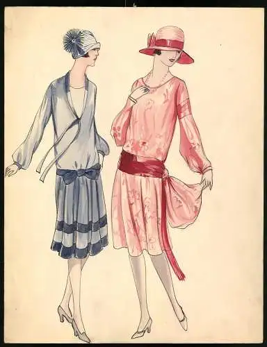 Aquarellmalerei Mode, zwei modisch elegant gekleidete Damen in aktueller Mode, 24 x 31cm