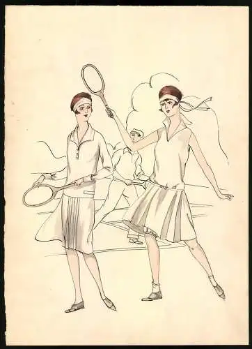 Aquarellmalerei Mode, junge Damen in Tenniskleidern mit Tennisschlägern beim Tennis spielen, 24 x 33cm