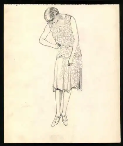Handzeichnung Bleistiftzeichnung Mode, Dame im gemusterten Kleid schaut an sich herunter, 21 x 25cm