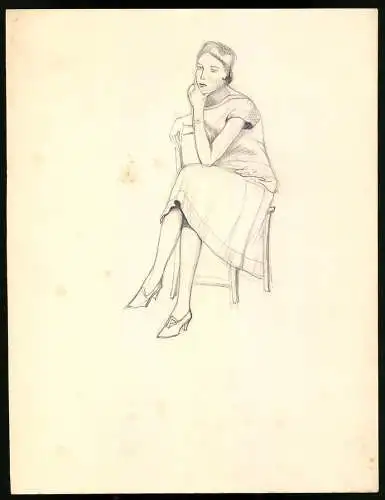 Handzeichnung Bleistiftzeichnung Mode, junge Frau im Kleid in nachdenklicher Pose, 25 x 33cm