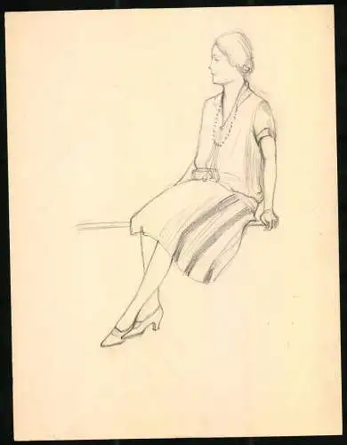 Handzeichnung Mode, Bleistiftzeichnung, junge Frau im Rock mit Sakko und Absatzschuhen, Rückseite sitzende Dame im Kleid