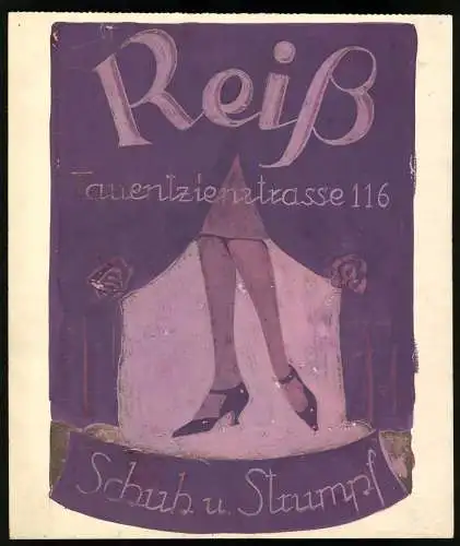Tuschemalerei Schuh und Strumpfwaren Reiss, Tauentzienstrasse 116, sexy Frauenbeine mit Hochhackigen Schuhen, 21 x 25cm