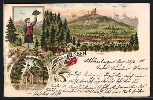 Lithographie Möhringen / Bussen, Bussen mit Altmann und Sentis, Zugspitze, Kapelle