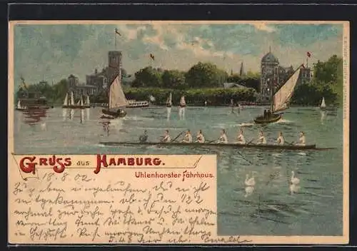 Lithographie Hamburg-Uhlenhorst, Blick auf das Uhlenhorster Fährhaus, Segelboote, Ruderboot