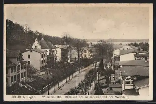 AK Sellin a. Rügen, Wilhelmstrasse, Blick auf Selliner-See mit Moritzburg