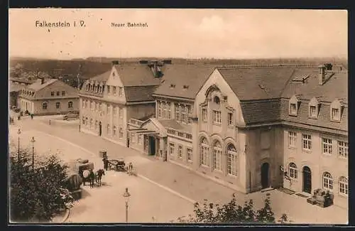 AK Falkenstein i. V., Kutsche vor dem Bahnhof