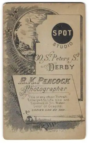 Fotografie R. K. Peacock, Derby, 30 St. Peters Str., Anschrift des Fotografen auf einer Papierseite