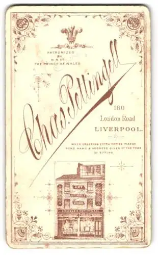 Fotografie Chas. Pettingell, Liverpool, 180 London Road, Ansicht Liverpool, die Front des Ateliersgebäudes