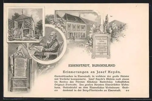 Lithographie Eisenstadt, Gartenhäuschen und Wohnhaus v. Josef Haydn