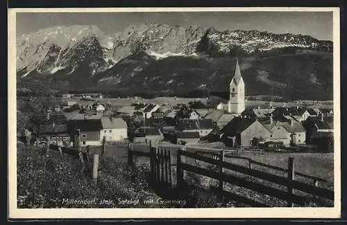 AK Bad Mitterndorf /Steir. Salzkgt., Ortsansicht mit Kirche und Grimming