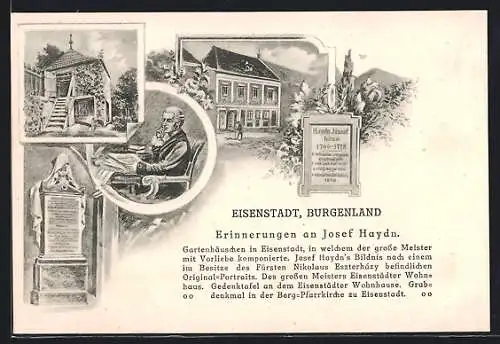 Lithographie Eisenstadt, Erinnerungen an Josef Haydn, Denkmal, Porträt & Wohnhaus