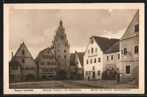 AK Monheim / Bayern, Gothischer Turm und alte Bürgerhäuser, Gasthof zum Hirschen, Wachszieherhaus