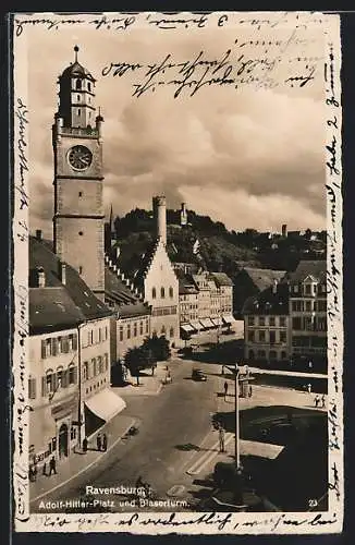 AK Ravensburg / Württ., Strassenpartie mit Geschäften und Uhrturm