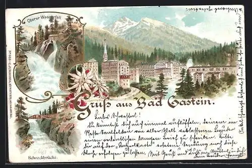 Lithographie Bad Gastein, Oberer Wasserfall, Schreckbrücke, Totalansicht