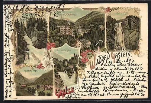 Lithographie Wildbad Gastein, Ortsansicht v. Hirschen, Schleierfall, Zum grünen Thal