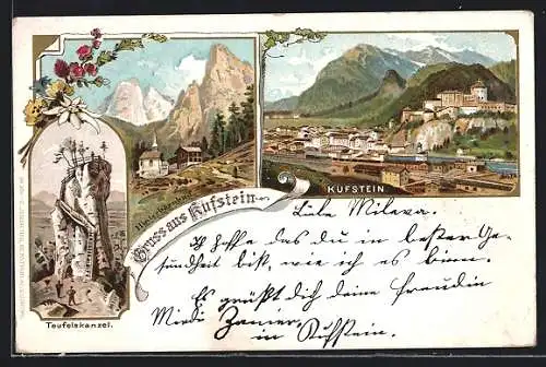 Lithographie Kufstein, Hinterbärnbad, Teufelskanzel, Teilansicht