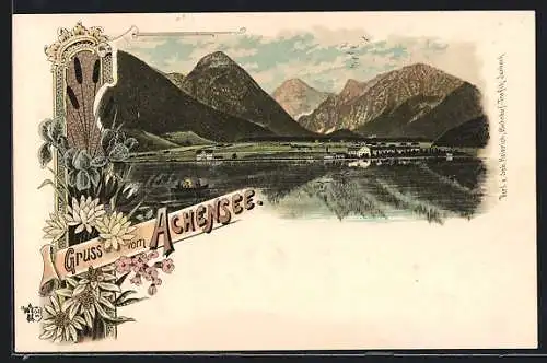 Lithographie Achensee, Ortsansicht mit Bergpanorama