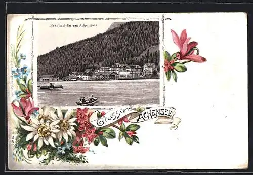 Lithographie Scholastika am Achensee, Dampfer und Ruderboot vor der Ortschaft, florales Passepartout