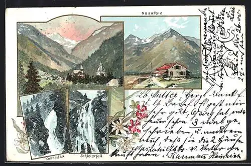 Lithographie Böckstein, Ortsansicht, Nassfeld, Kesselfall, Schleierfall