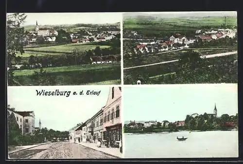 AK Wieselburg a. d. Erlauf, Ortsansicht aus der Ferne, Strassenpartie, Ruderboot auf dem See