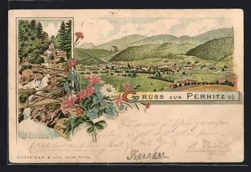 Lithographie Pernitz, An den Myrafällen, Panoramablick auf die Ortschaft