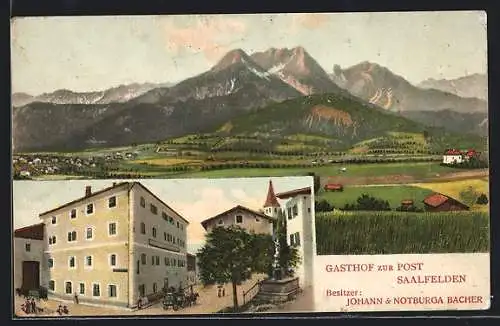 Lithographie Saalfelden, Gasthof zur Post, Bes. Johann & Notburga Bacher, Ortsansicht