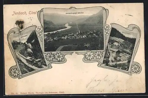 AK Jenbach, Zahnradbahn, Mühle am Kasbach, Panorama gegen Westen