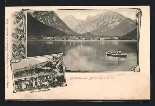 AK Pertisau am Achensee, Gasthaus zum Karlwirth, Bergpanorama vom See aus