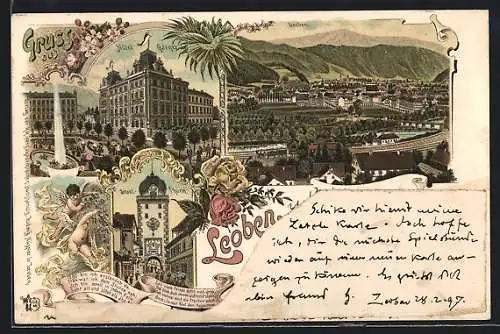 Lithographie Leoben, Hotel Gärner, Stadt-Thurm, Totalansicht