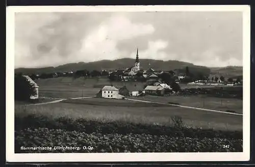 AK Ulrichsberg, Ortsansicht mit Feldern, Landstrasse und Bergpanorama