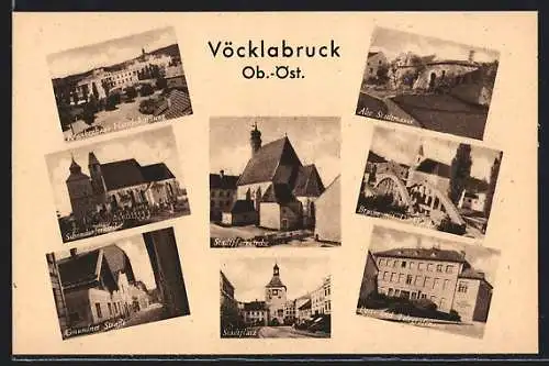 AK Vöcklabruck, Schöndorfer Kirche, Brücke mit Dörflkirche & Gmunder Strasse
