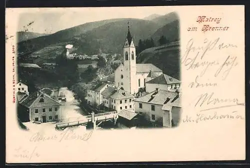 AK Matrey am Brenner, Teilansicht mit Kirche, Brücke und Bergen aus der Vogelschau