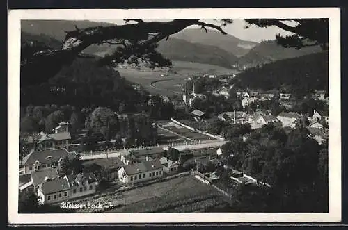 AK Weissenbach-Tr., Ortsansicht mit Fernblick aus der Vogelschau