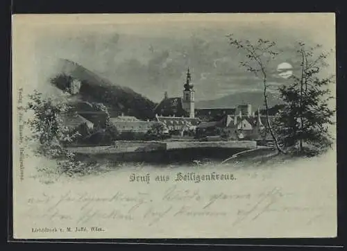 Mondschein-AK Heiligenkreuz bei Baden, Ortsansicht mit Blick zur Kirche