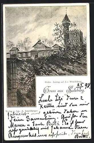 Künstler-AK Salzburg, Elektrischer Aufzug auf den Mönchsberg