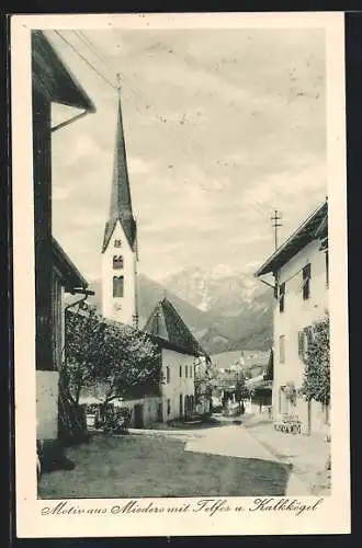 AK Mieders, Ortspartie an der Kirche mit Telfes und Kalkkögel