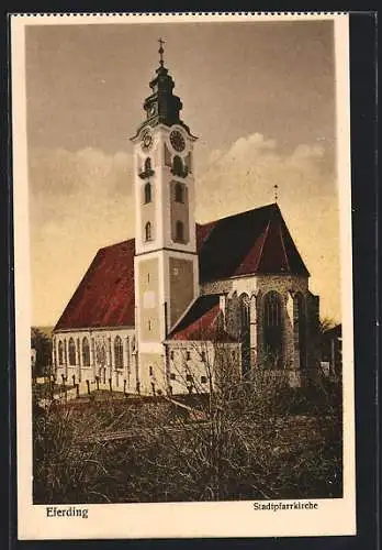 AK Eferding, Stadtpfarrkirche im Abendlicht