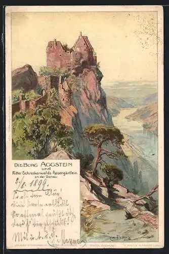 Künstler-AK Schönbühel-Aggsbach, Burg Aggstein und Ritter Schreckenwalds Rosengärtlein