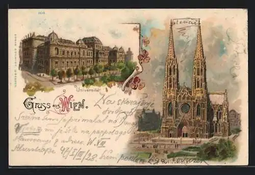 Lithographie Wien, Teilansicht mit Votivkirche und Universität