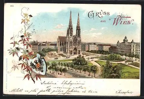 Lithographie Wien IV, Maximilian-Platz mit der Votiv-Kirche, Wappen