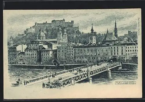 Lithographie Salzburg, Belebte Szene auf der Stadtbrücke